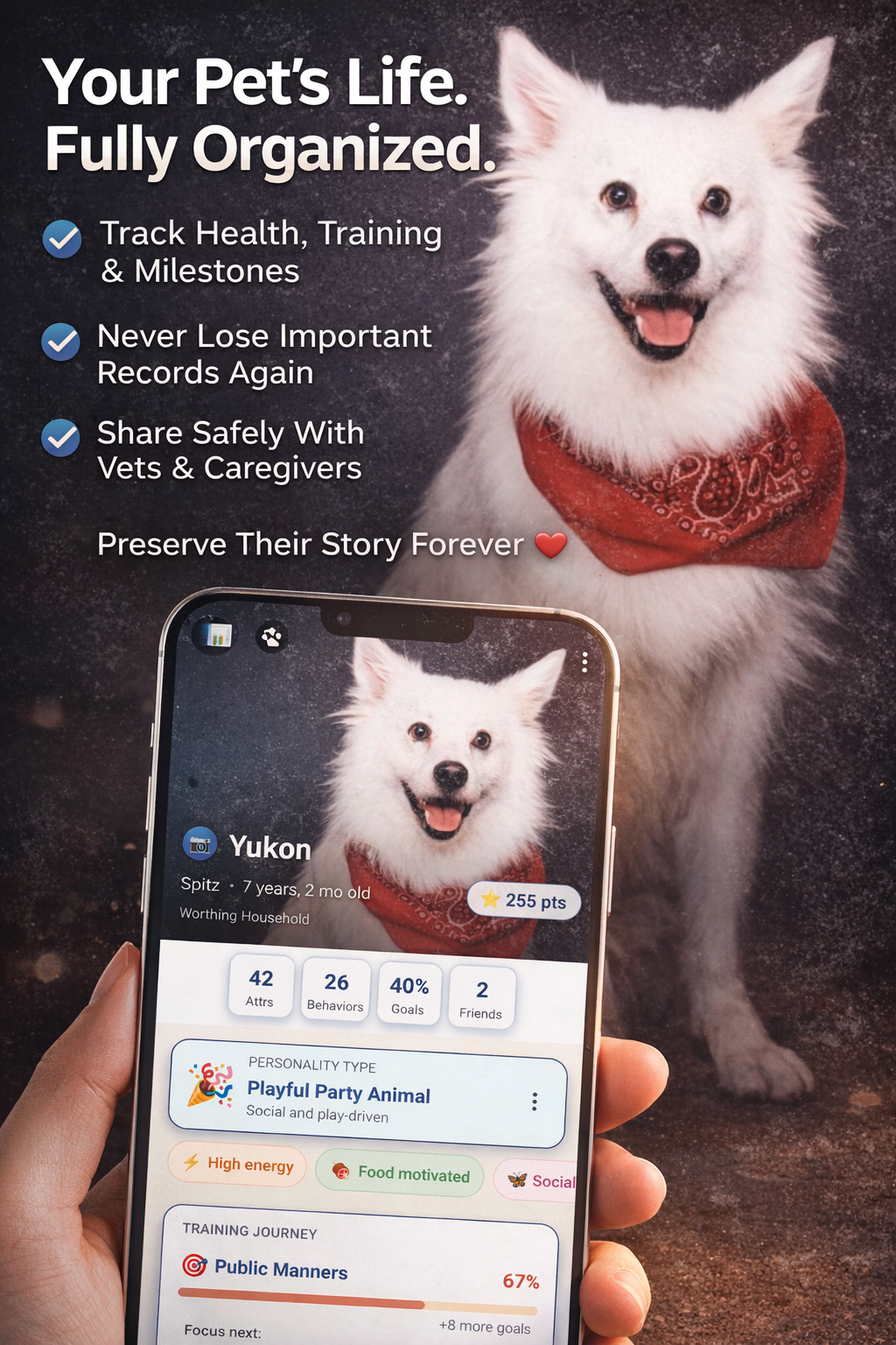 Hand holding phone showing Trovvy pet profile with a happy dog