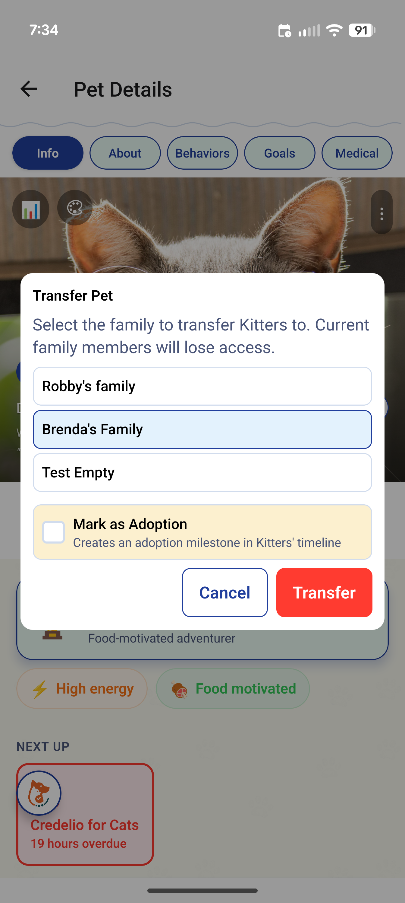 Trovvy's Transfer Pet flow at adoption
