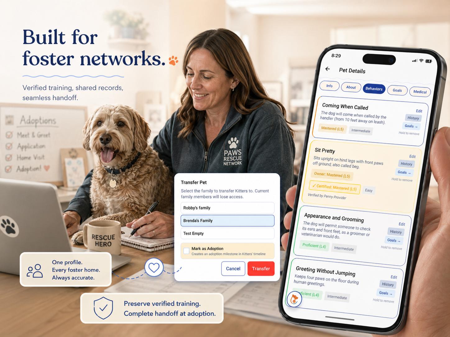 Built for foster networks; verified training, shared records, seamless handoff