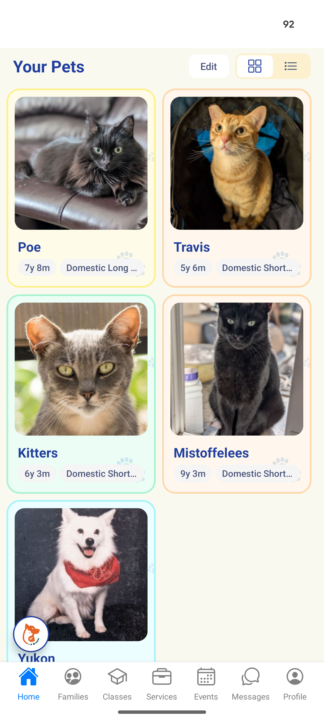 Trovvy family dashboard showing multiple pets with their profiles