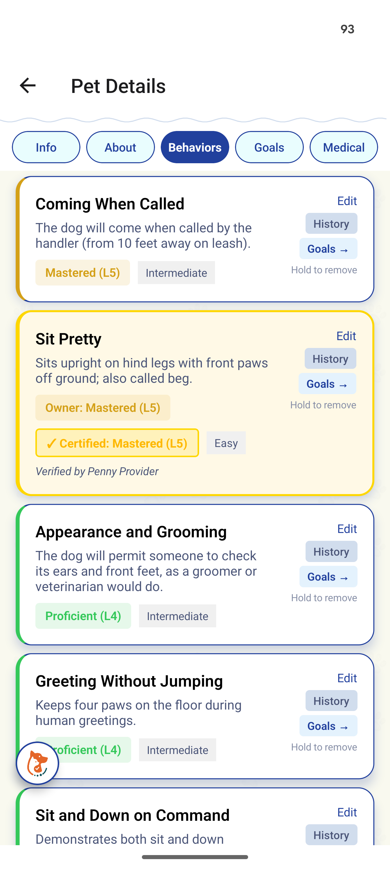 Verified behaviors with mastery levels in Trovvy