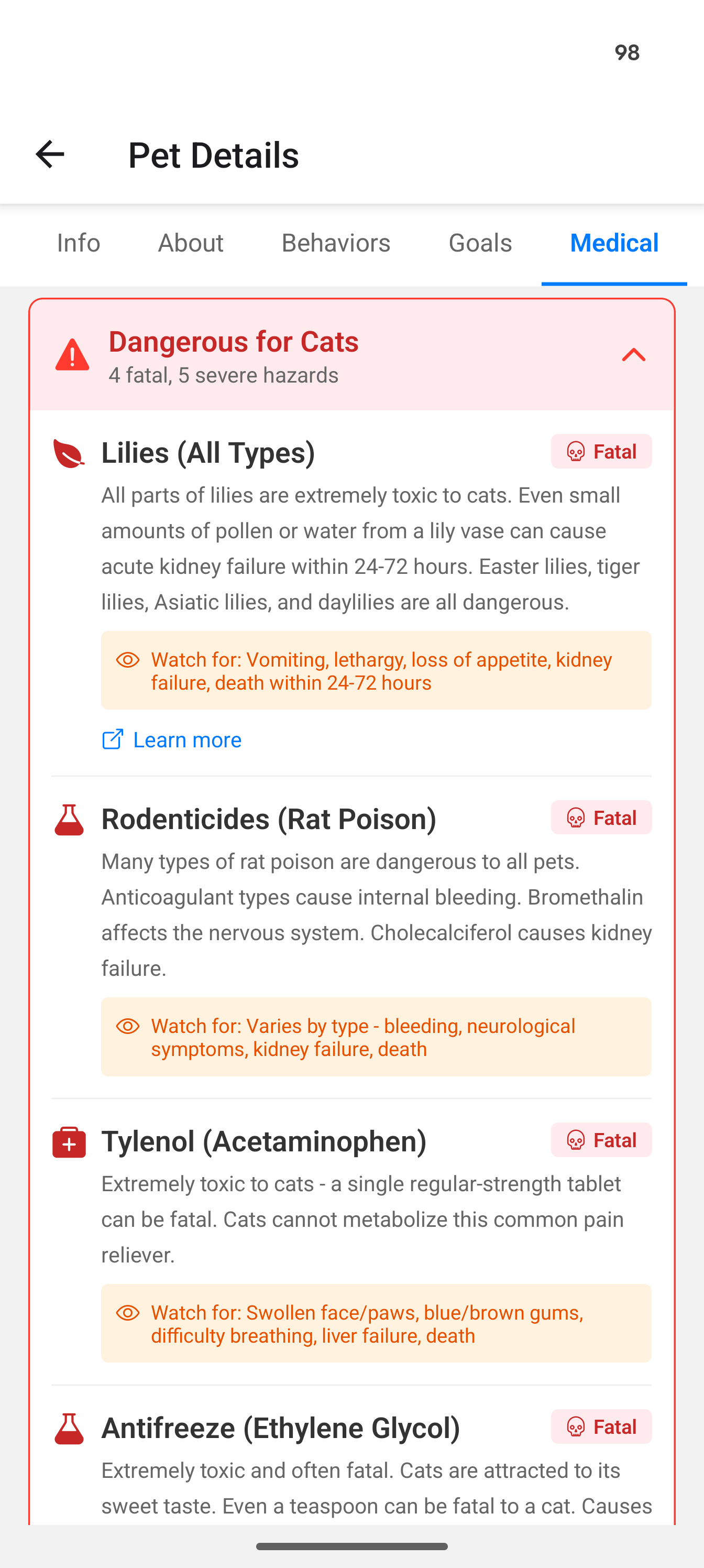 Dangerous items alert showing Lilies as Fatal for cats