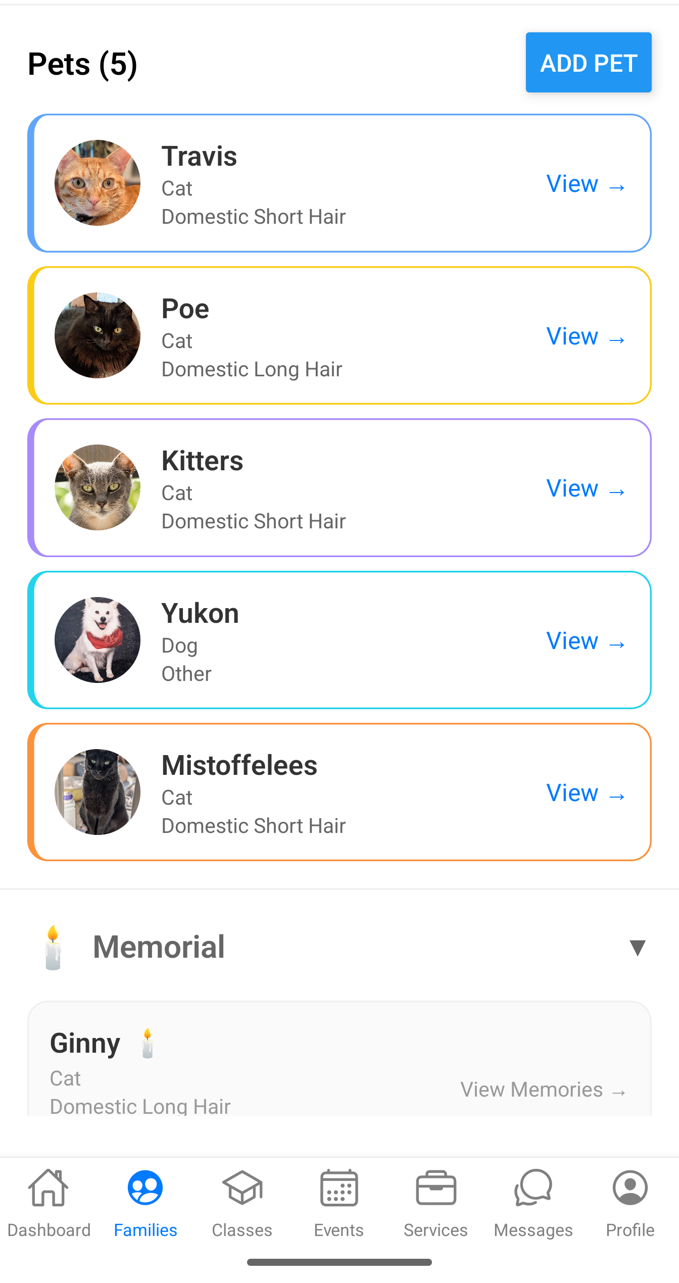 Family pets view showing multiple pets with memorial section