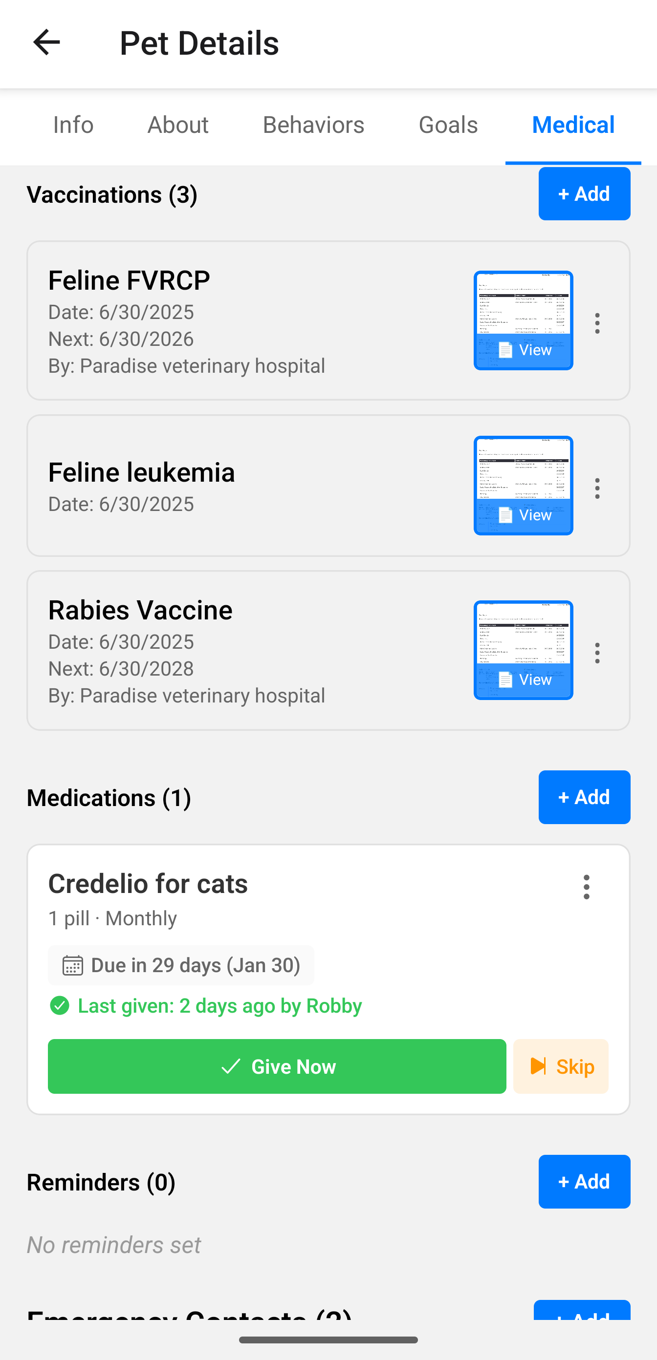 Medical records showing vaccinations with photo proof and medication reminders
