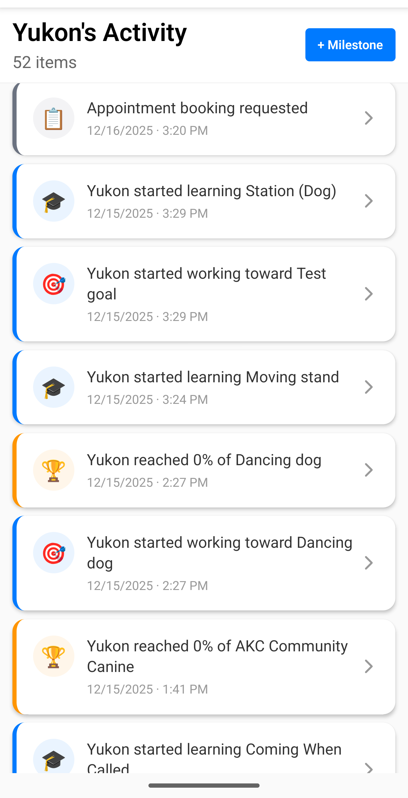 Activity feed showing training milestones