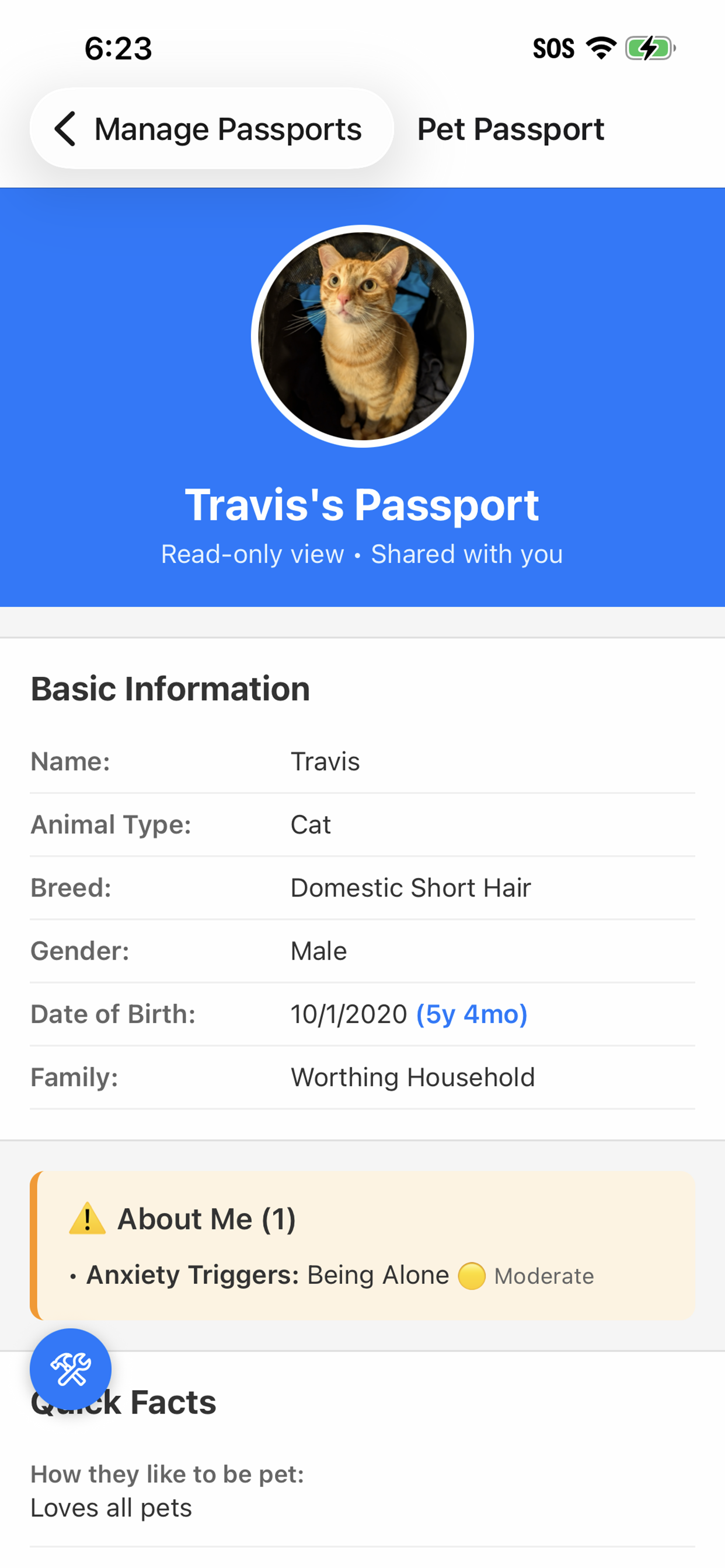QR pet passport showing pet info, personality type, and quick facts
