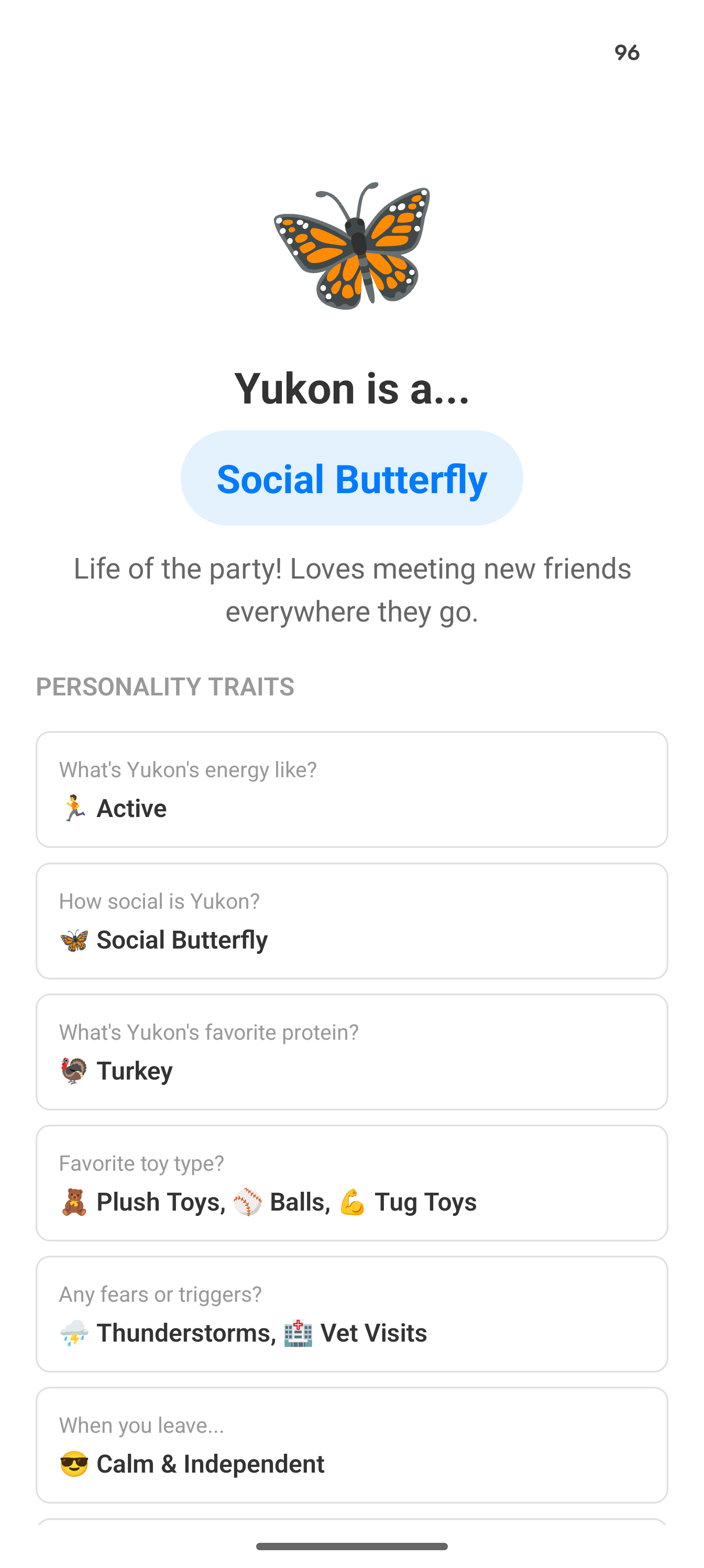 Personality quiz showing Social Butterfly result with personality traits